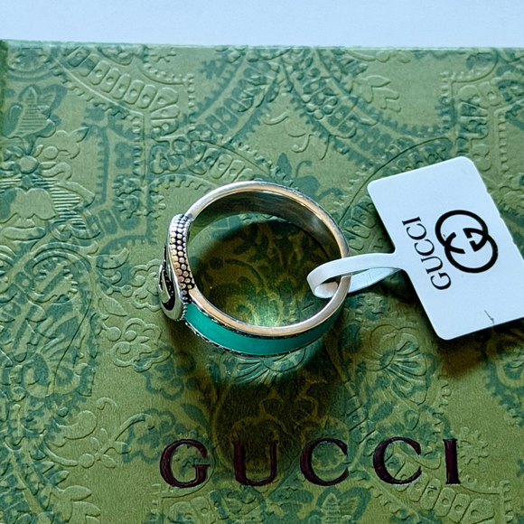 Gucci Interlocking G Silver Green Enamel Ring Size 10 - Picture 3 of 9